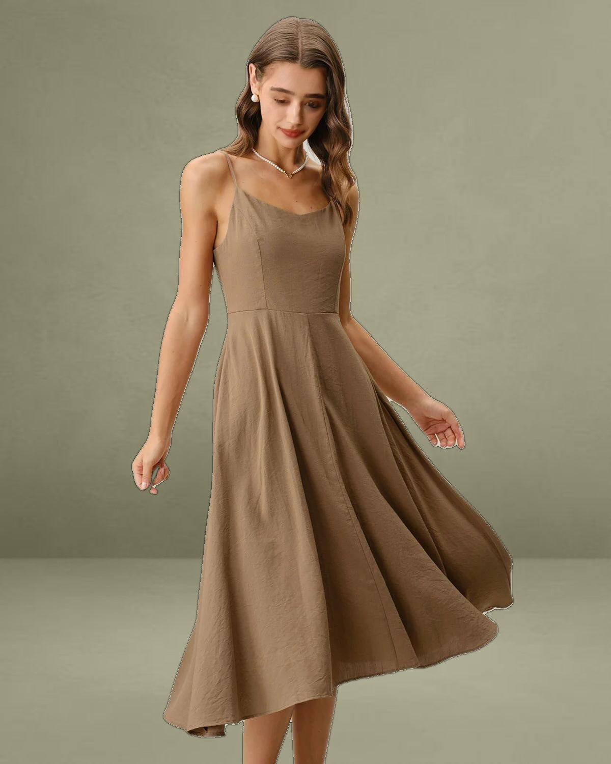 Khaki A-Line Pleated Slip Midi Dress
