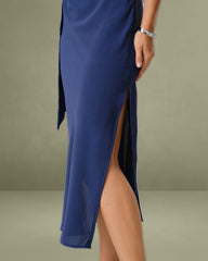 Blue Round Neck Short Sleeve Maxi Dress
