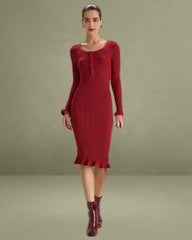 Red Bodycon Bell Sleeve Sweater Dress