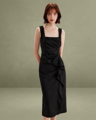 Black Ruffle Ruched Slip Midi Dress