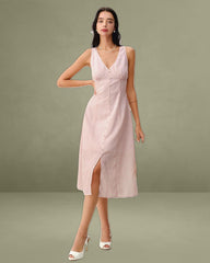 Pink Striped V Neck Sleeveless Midi Dress