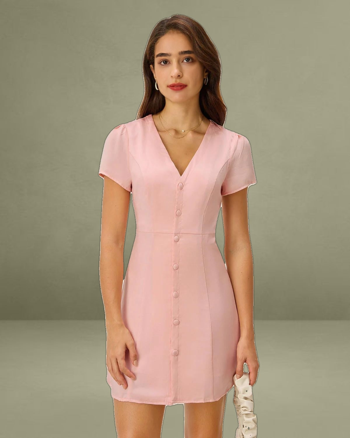 Pink V Neck Button Mini Dress