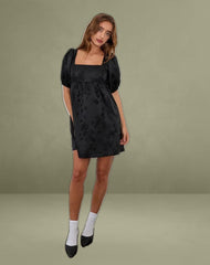Bimbi Babydoll Mini Dress in Satin Jacquard Black