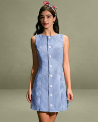 The Blue Boat Neck Cotton Plaid Mini Dress