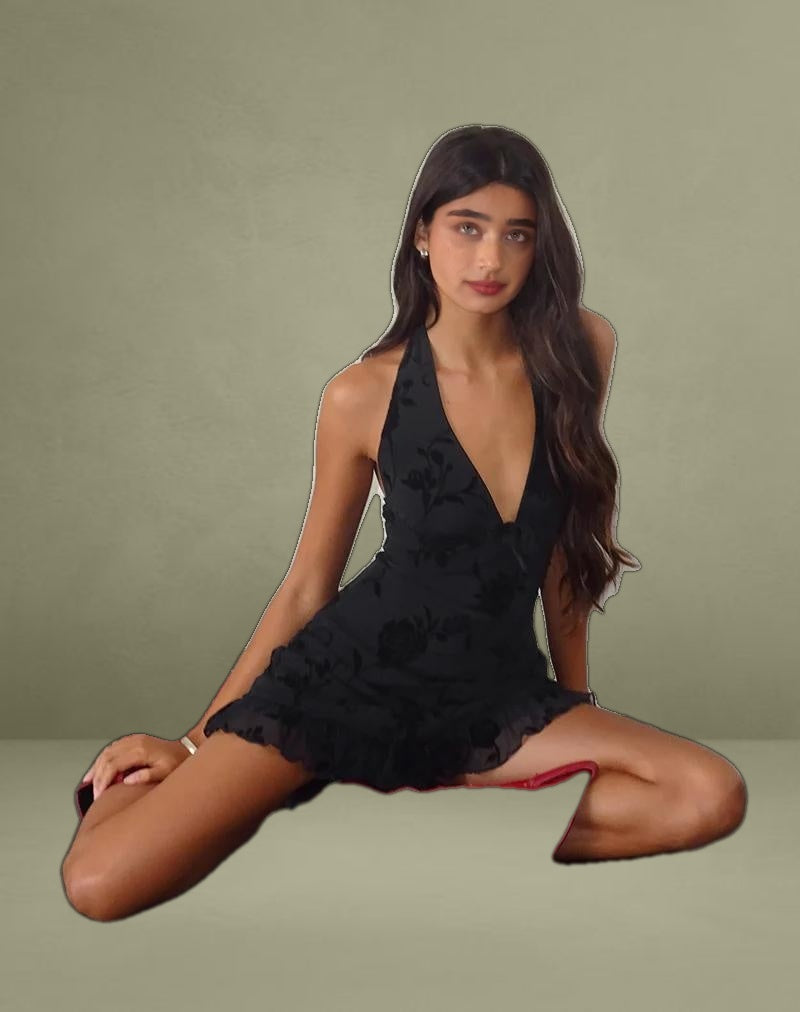 Motya Halterneck Mini Dress in Floral Rose Flocked Black