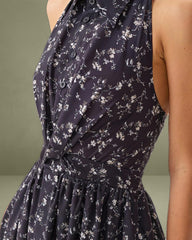 Black Floral Shirred Backless Midi Dress