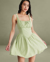 Green Plaid Ruched Slip Mini Dress