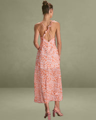 The Orange V Neck Floral Ruffle Maxi Dress