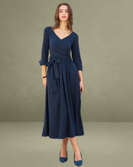 Navy Ruched Tie Waist Maxi Dress