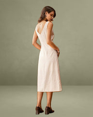 Beige V-neck Ruched Sleeveless Midi Dress