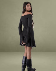 Elwyn Bardot Mini Dress in Slinky Black