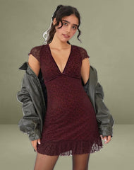Melva Mini Dress in Ditsy Flock Burnt Maroon