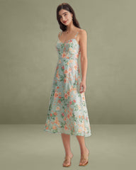 Green Floral Sweetheart Neck Slip Midi Dress