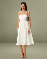 White Pocket A-Line Slip Midi Dress