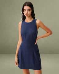 Blue Round Neck Zipper Sleeveless Mini Dress