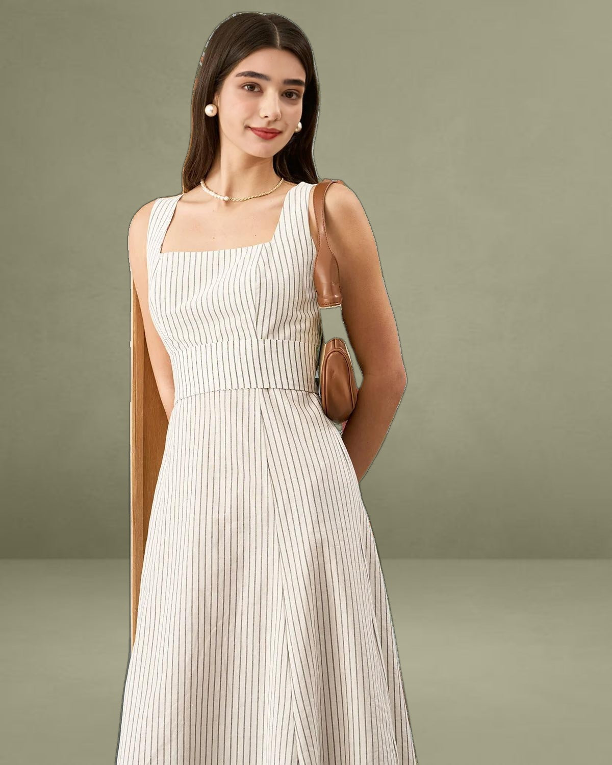White Square Neck Striped Mid-length Dress