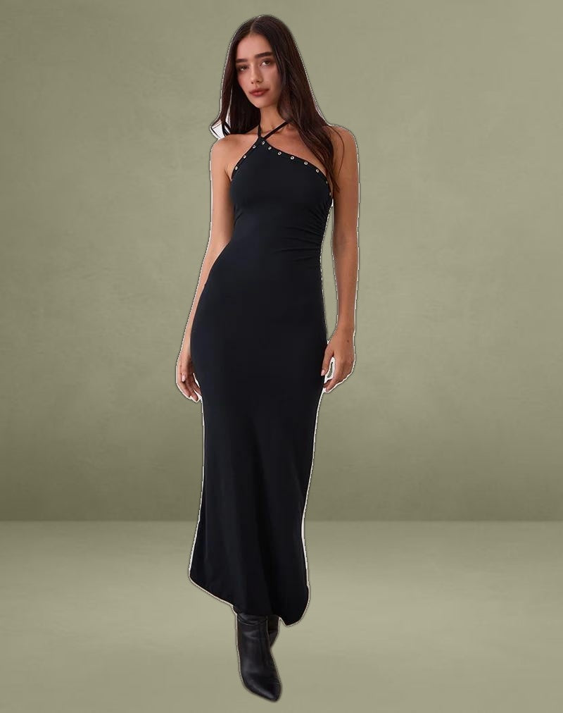 Ishikawa Asymmetrical Maxi Dress with Eyelets in Black