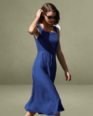 Blue Square Neck Pleated Sleeveless Midi Dress