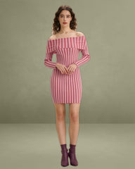 Pink Striped Off The Shoulder Bodycon Sweater Dress