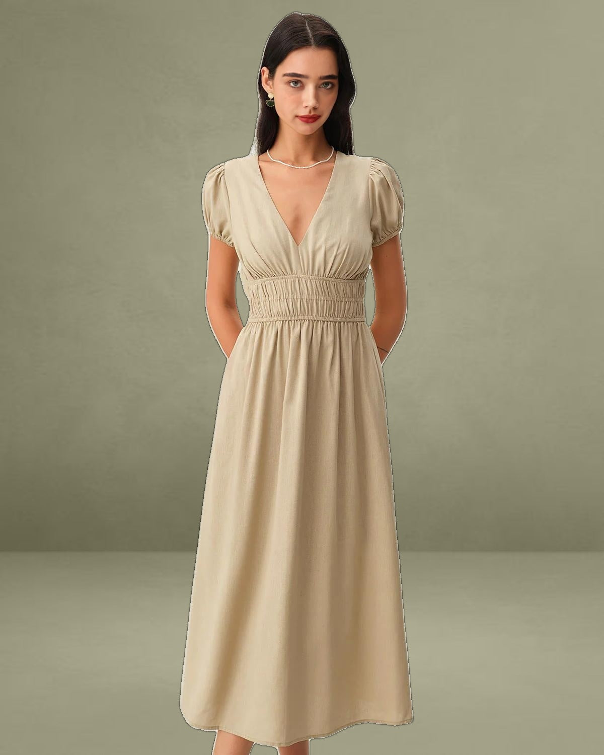 Beige Ruched Puffed Sleeve Midi Dress
