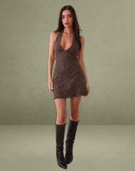 Codami Halterneck Mini Dress in Sequin Knit Dark Brown