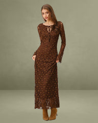 Brown Floral Bell Sleeve Maxi Dress