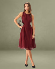 Wine Red Chiffon Sleeveless Midi Dress