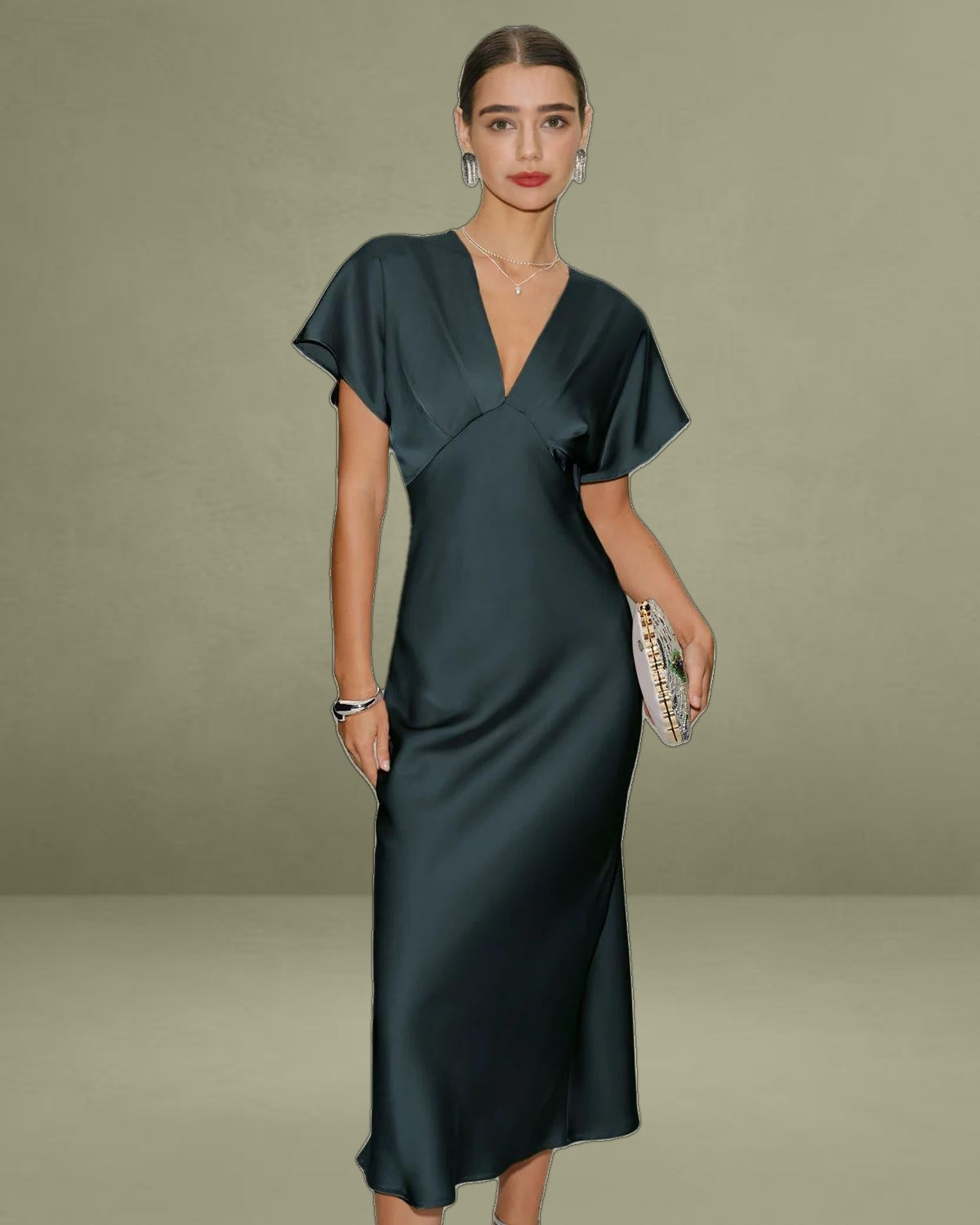 Grey Green Satin Cowl Sleeve Midi Dress