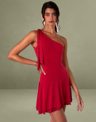 Boone One Shoulder Mini Dress in Slinky Red