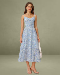 Blue Floral V Neck Shirred Slip Midi Dress