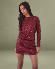 Jasilia Long Sleeve Mini Dress in Gauzy Sequin Red