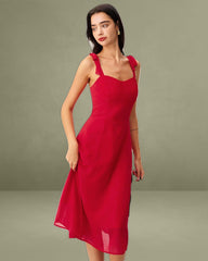 Red Sweetheart Neck Tie Strap Midi Dress