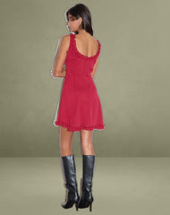 Fulvia Slip Mini Dress with Ruffles in Deep Red