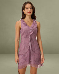 Purple Floral V Neck Ruffle Sleeveless Mini Dress