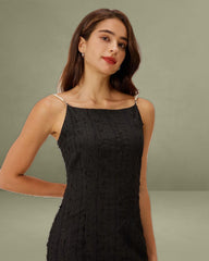 Black Textured Bodycon Beaded Strap Midi Dress