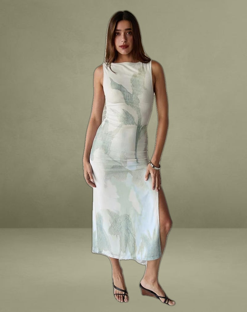 Flo Midi Dress in Abstract Painted Flower Blue