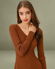 Caramel A-Line Pleated Sweater Dress