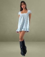 Trim Mini Dress in Blue Flower Gingham