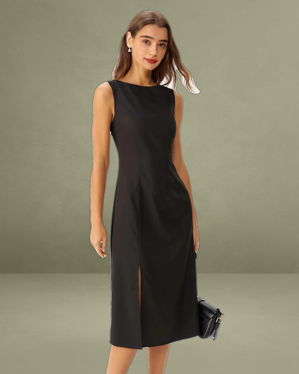Black Boat Neck Slit Sleeveless Midi Dress