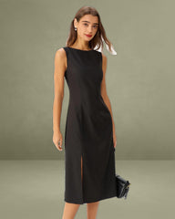 Black Boat Neck Slit Sleeveless Midi Dress