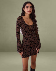Gizio Long Sleeve Mini Dress in Garden Floral Brown