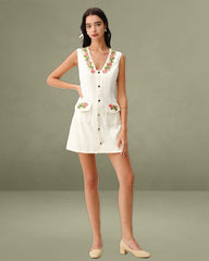 White Floral V Neck Sleeveless Mini Dress