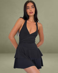Semary Plunge Wrap Mini Dress in Black