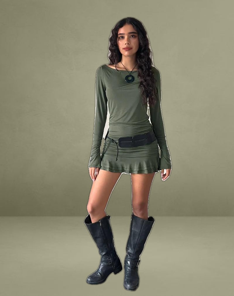 Gillian Long Sleeve Mini Dress in Slinky Khaki