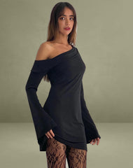 Fliss Asymmetric Mini Dress in Slinky Black