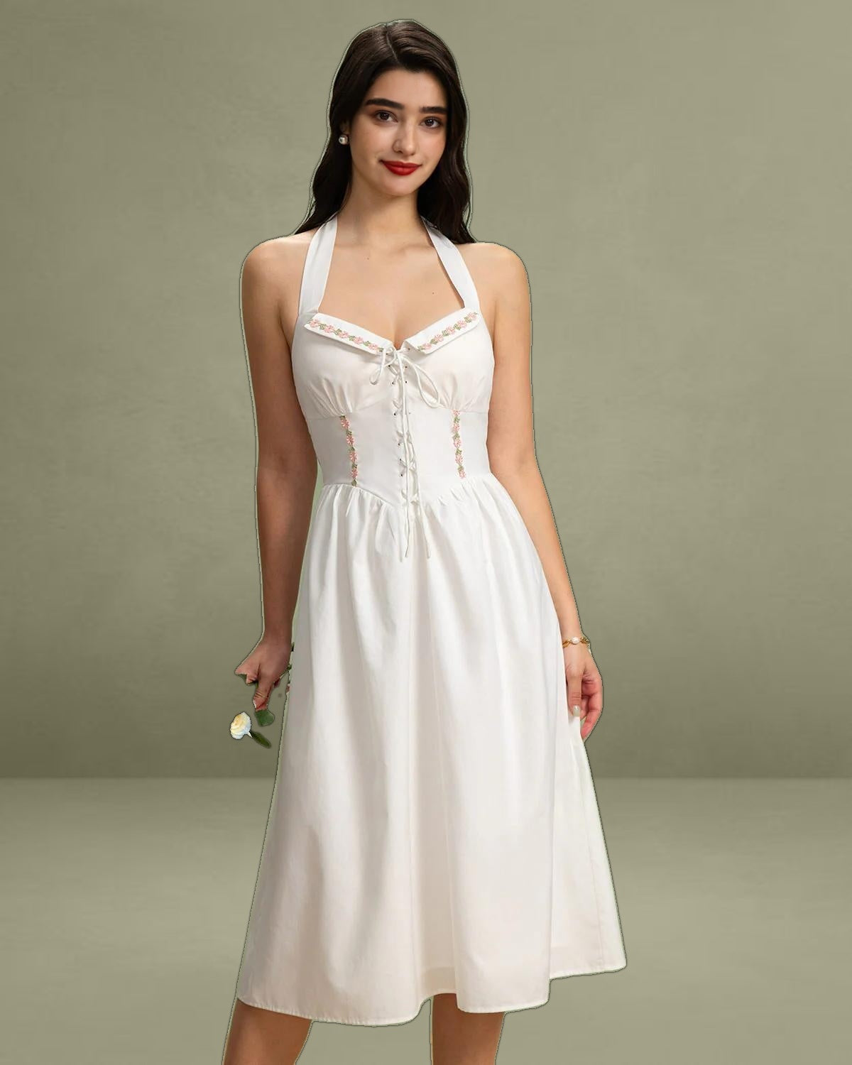 White Embroidery A-Line Halter Midi Dress