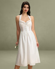 White Embroidery A-Line Halter Midi Dress