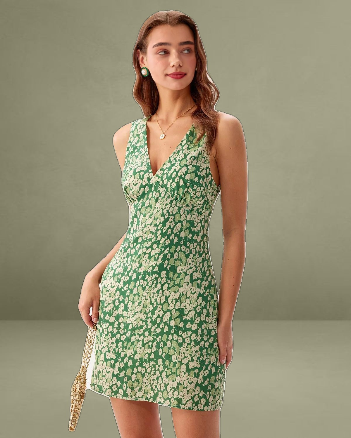 Green Floral Sleeveless Mini Dress