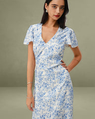 Blue Floral V Neck Button Maxi Dress