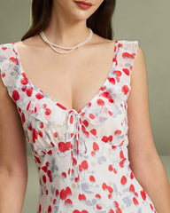 White Floral V Neck Ruffle Mini Dress